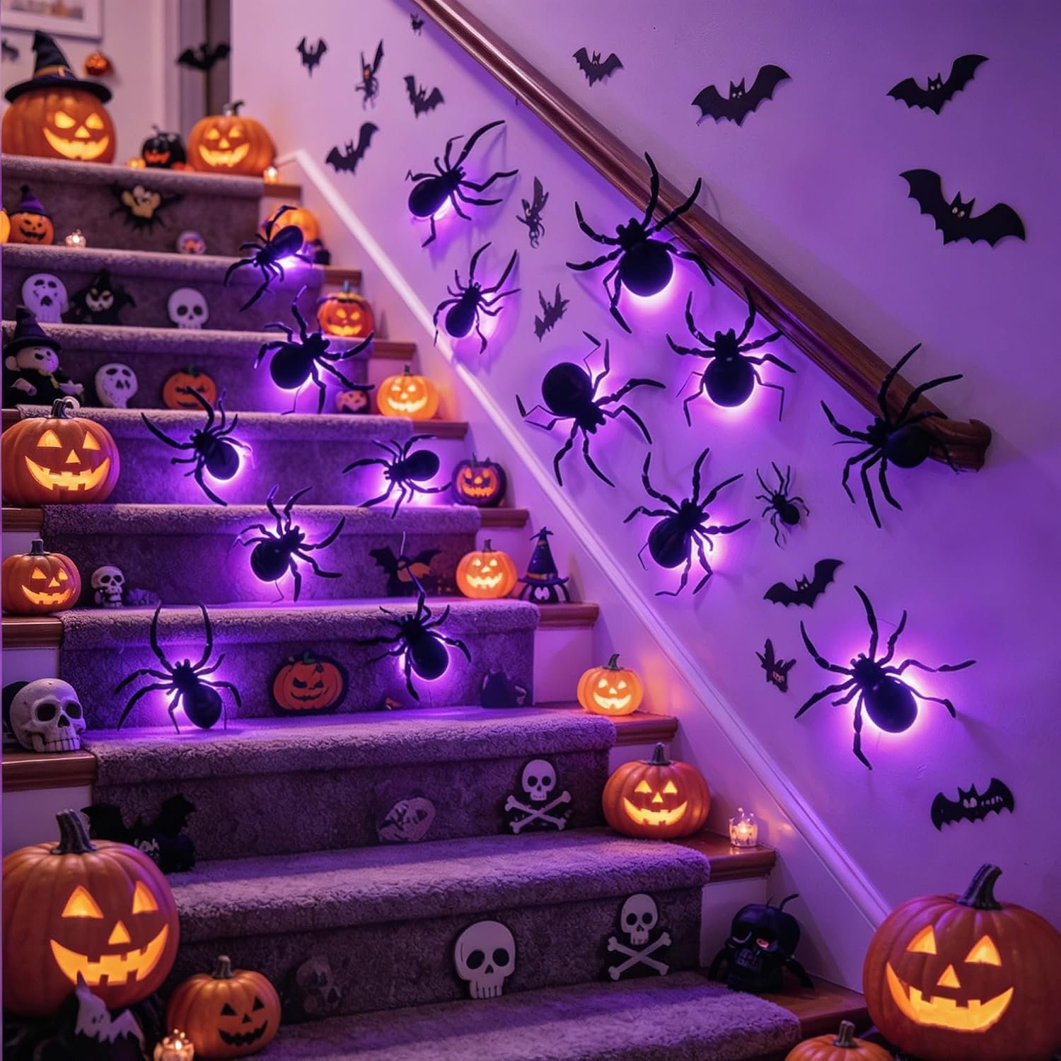DR.DUDU 36 Pack Halloween Wall Decor Light up Spiders, Purple