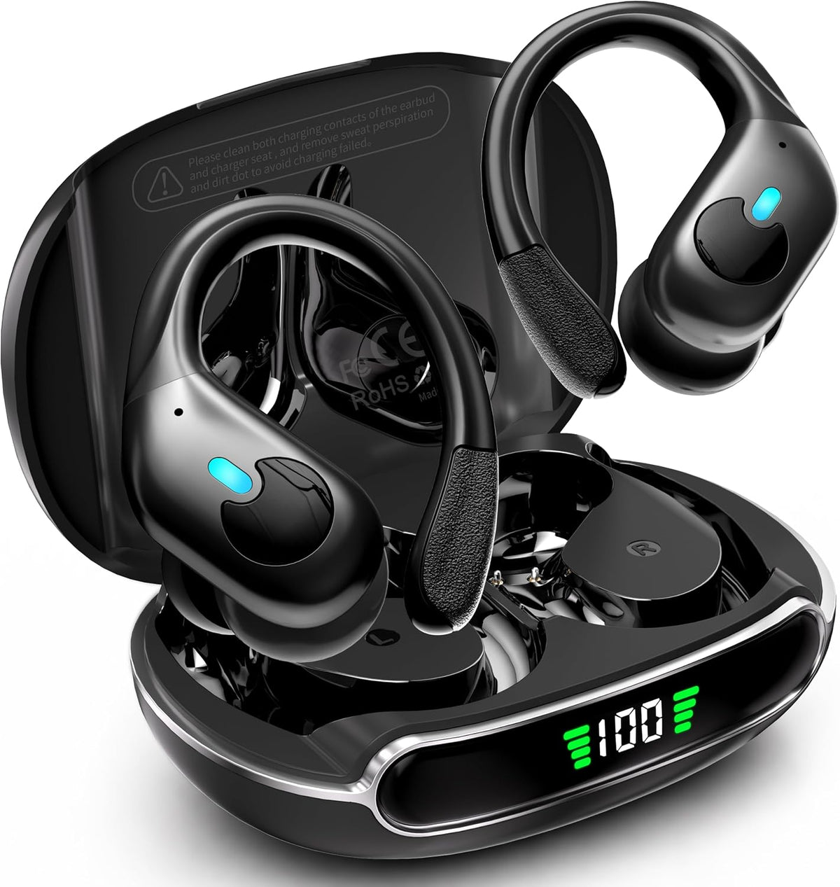Active Noise Cancelling Ear Buds Wireless Earbuds 90H Playtime Bluetooth Headphones Stereo Bass Over-Ear Hooks Earphones with Power Display Case IPX7 Waterproof Headset for Workout/Running, Black