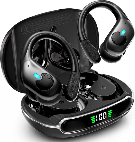 Active Noise Cancelling Ear Buds Wireless Earbuds 90H Playtime Bluetooth Headphones Stereo Bass Over-Ear Hooks Earphones with Power Display Case IPX7 Waterproof Headset for Workout/Running, Black
