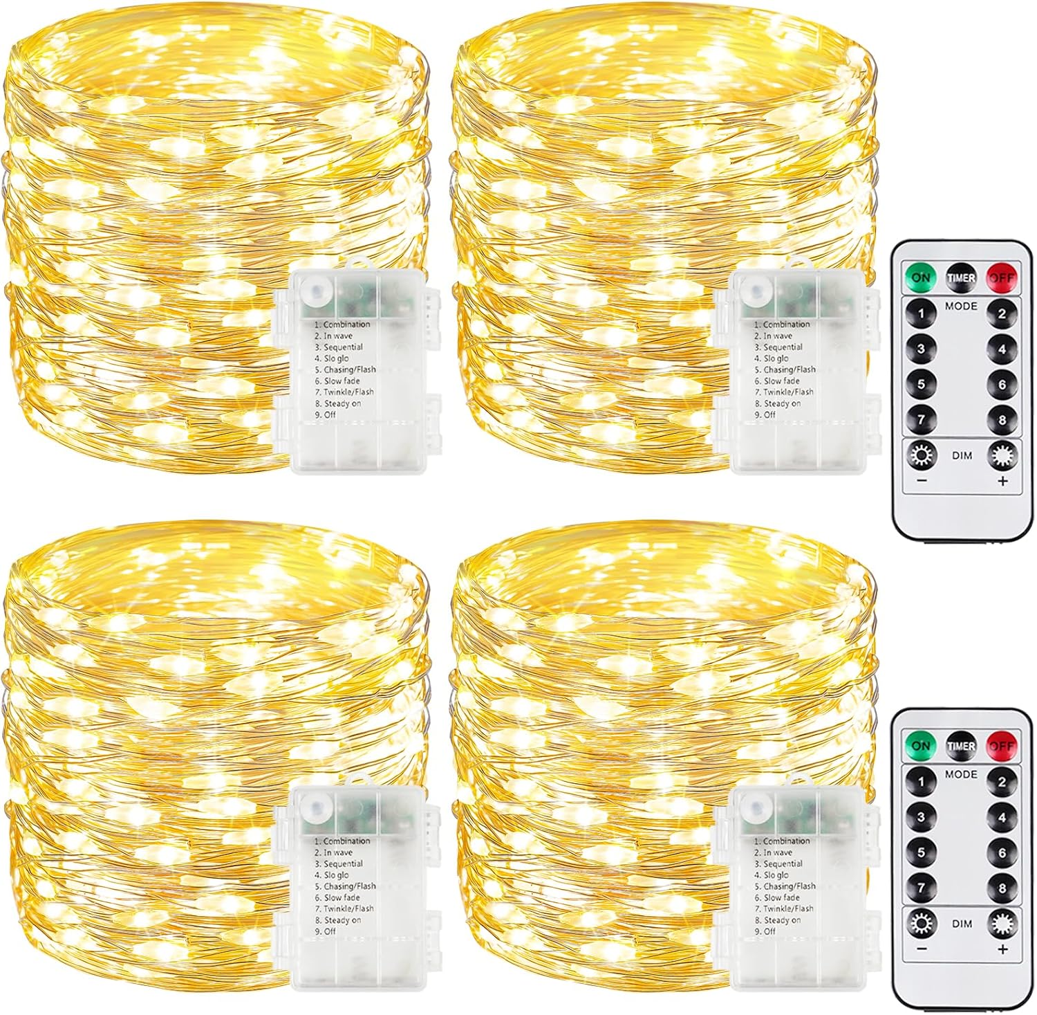 4 Pack 100 LED Fairy Lights Battery Operated with Remote, 33 FT Warm White
