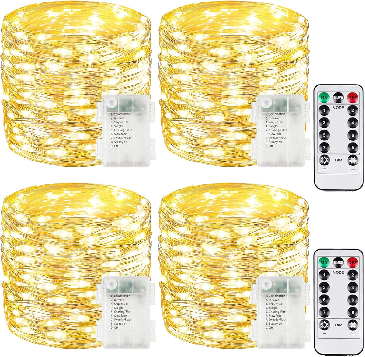 4 Pack 100 LED Fairy Lights Battery Operated with Remote, 33 FT Warm White