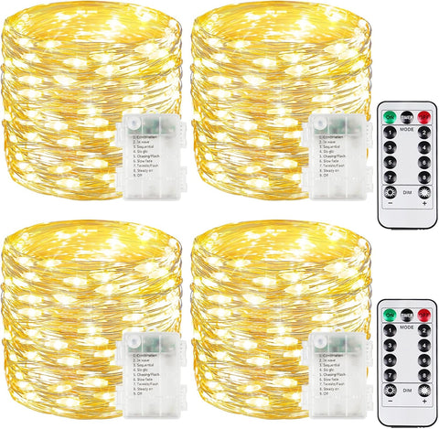 4 Pack 100 LED Fairy Lights Battery Operated with Remote, 33 FT Warm White