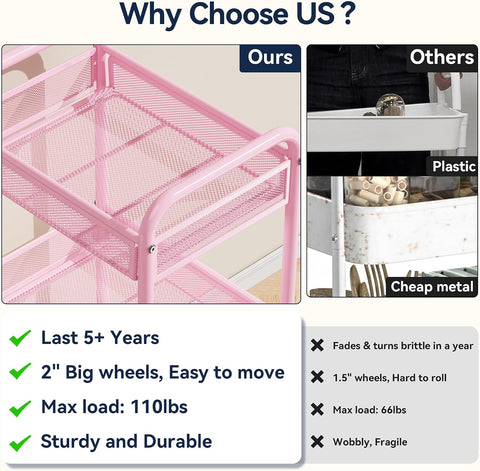 YASONIC 3 Tier Metal Rolling Cart, Pink Utility Storage Cart with Wheels
