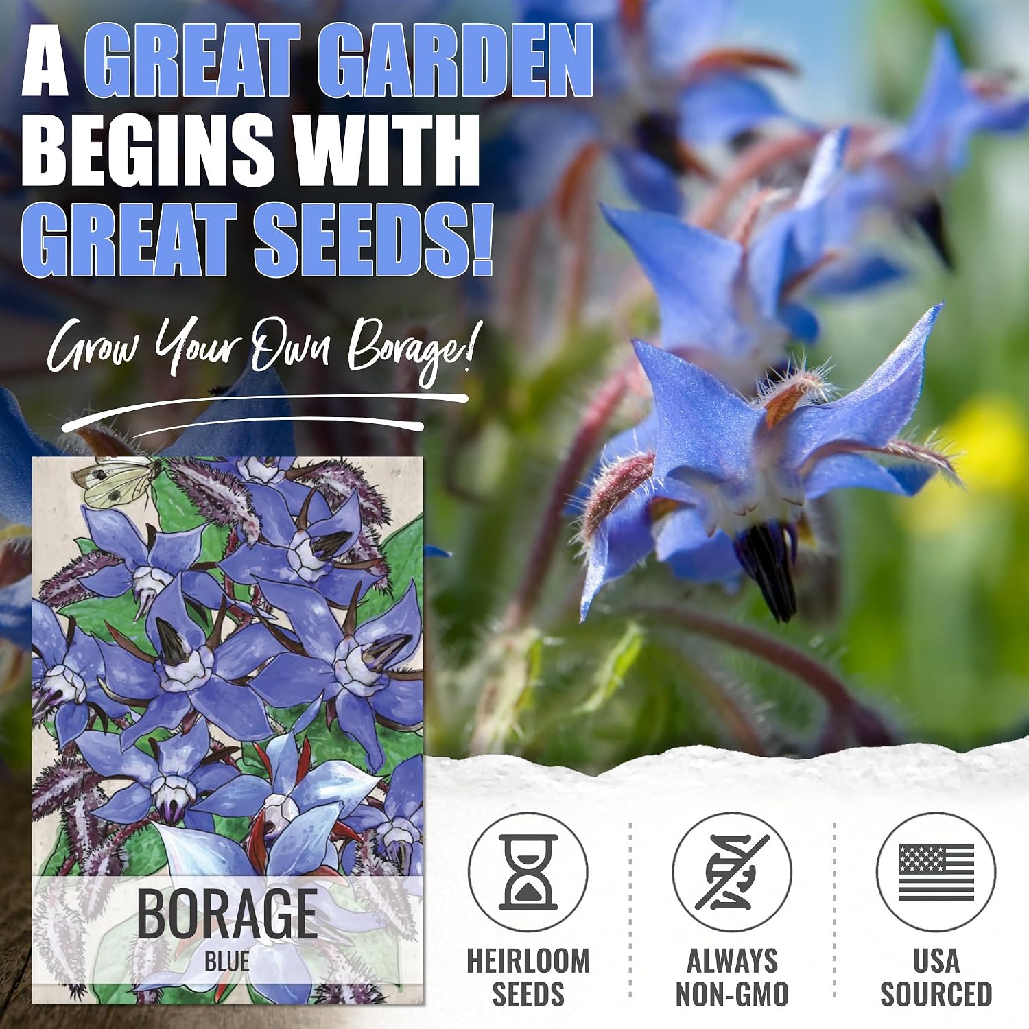 Seed Needs Herb Seeds to Plant Blue Borage - Heirloom Non-GMO Herbs 5 Packs