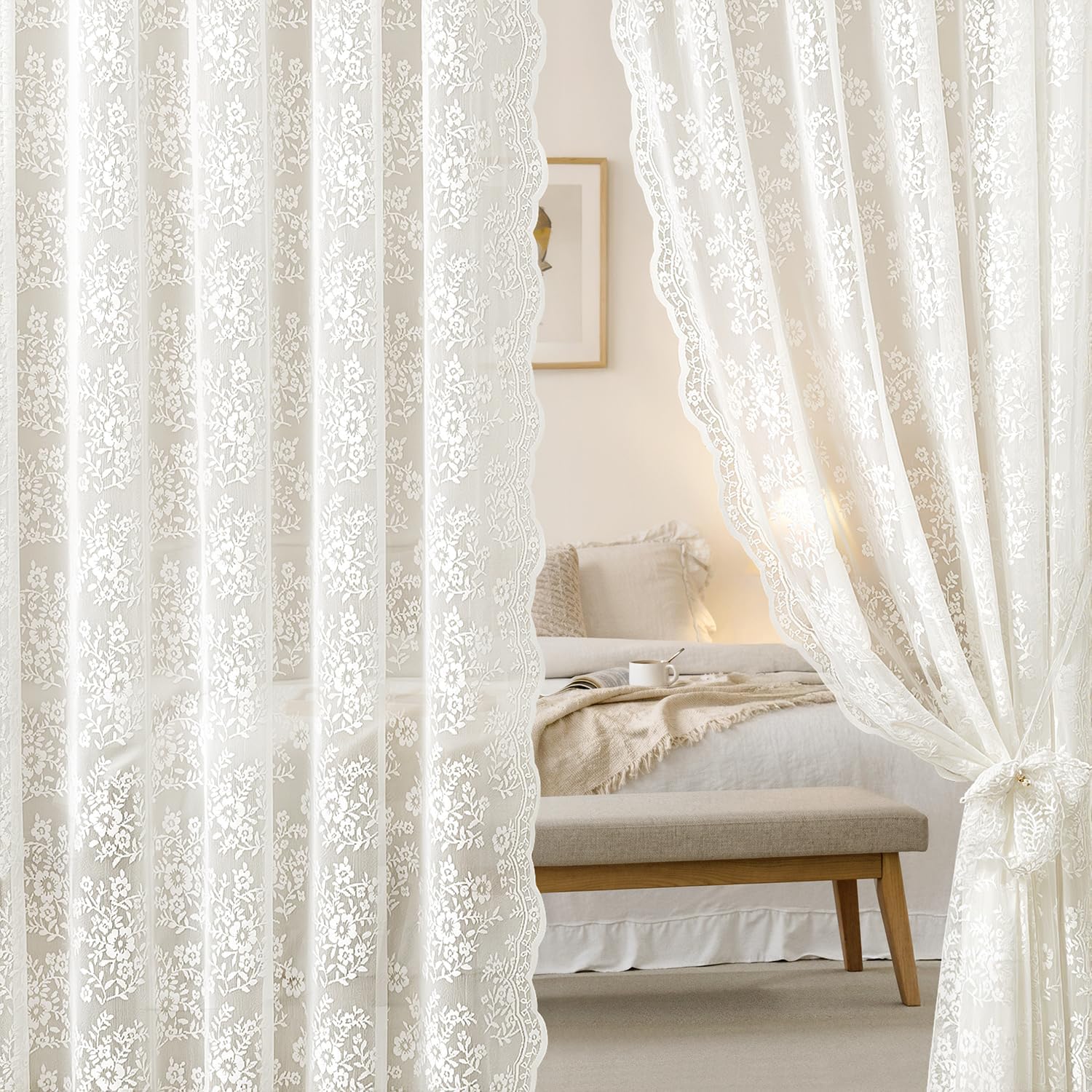 2 Panels Vintage Lace Curtains 90 Inches Long 52 x 90 Inch Ivory
