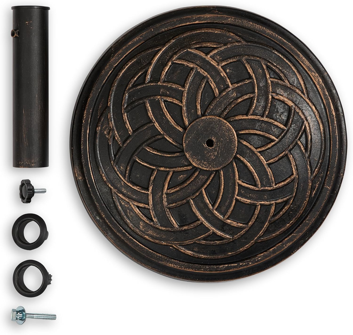 Backyard Expressions Round Heavy Duty Patio Umbrella Base – Weather Resistant Calcium Carbonate Resin with Bronze Weave Design – Fits 1.5" to 2" Poles, Easy Assembly, UV & Fade Resistant