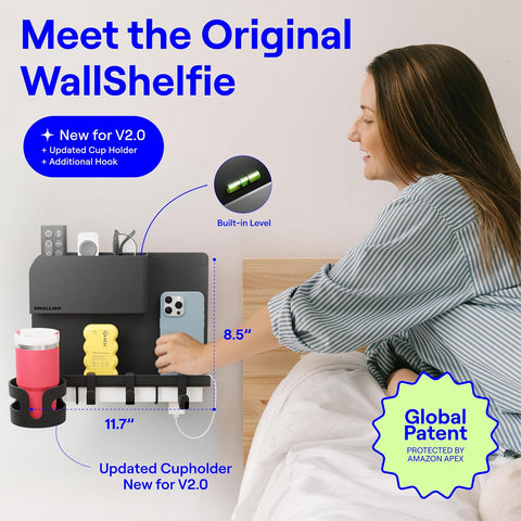 WallShelfie Bedside Wall Organizer & Dorm Decor for Dorm Room - 2.0, Black