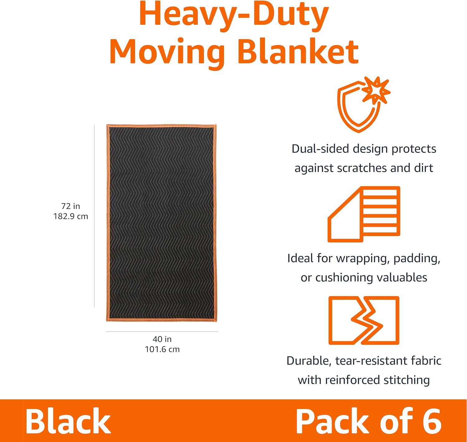 Amazon Basics Reinforced Tear-Resistant Moving Blankets, 72" x 40", Black, 6-Pack