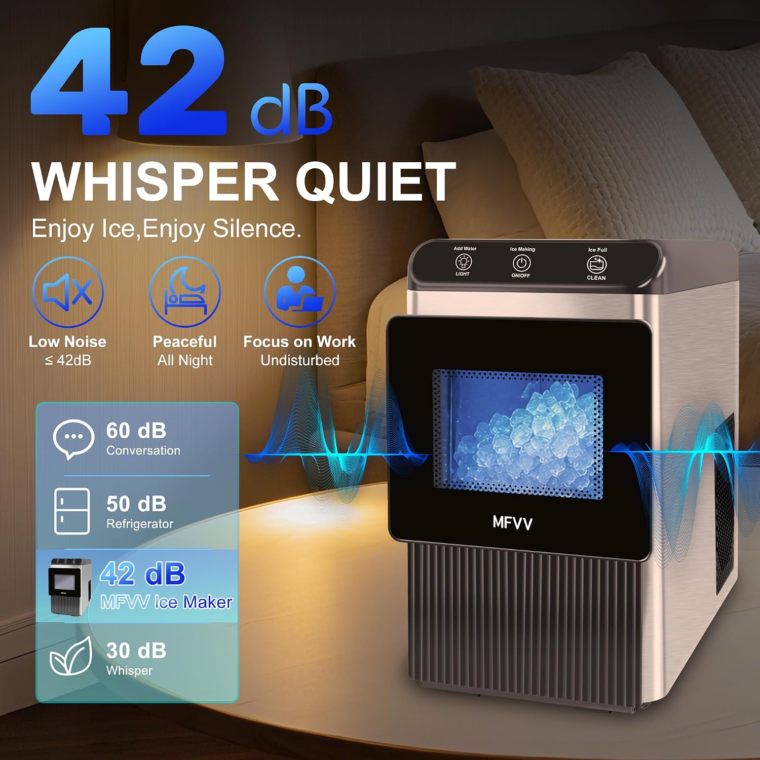 Nugget Ice Maker Countertop, 38lbs/Day, Self-Cleaning, 42dB Quiet