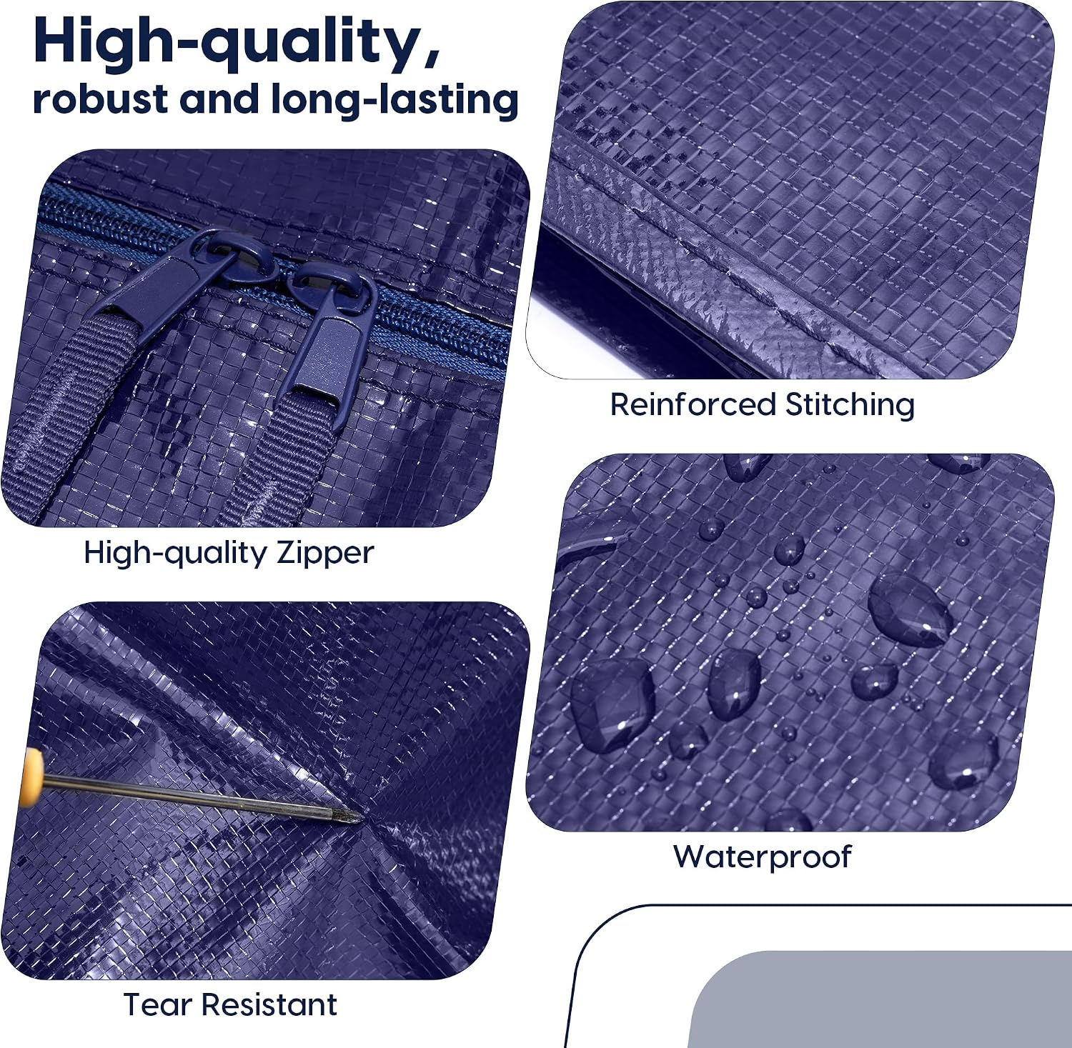 6 Pack Moving Bags Heavy Duty 210GSM with Full-Open Side Zipper, 93L 220lbs Waterproof Foldable Storage Totes for College Dorm Move-In, Moving Boxes Alternative & Home Organization, Blue