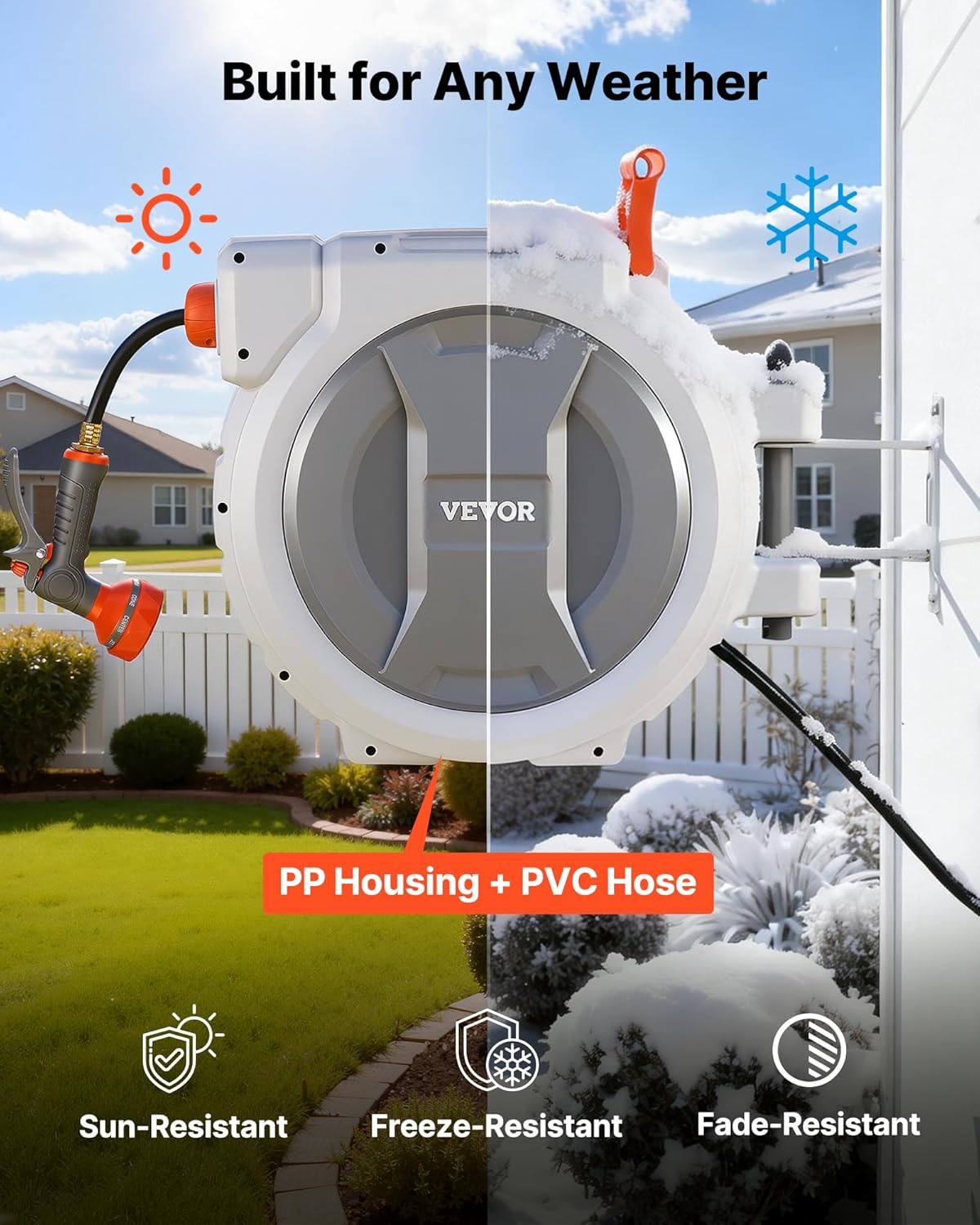 VEVOR Retractable Garden Hose Reel, 1/2 in x 130 ft, Wall Mounted Hose Reel with 9-Function Sprayer Nozzle and 180° Swivel Bracket, Any Length Lock, Automatic Slow Rewind System, for Garden Watering