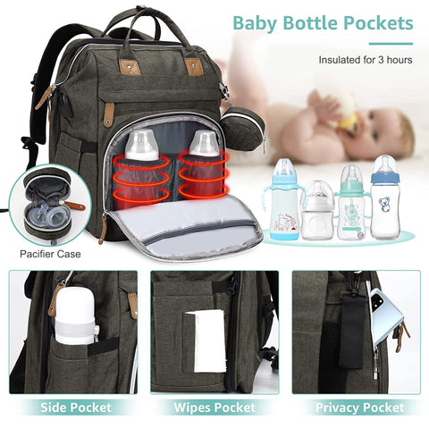 DERJUNSTAR Diaper Bag Backpack, Large Baby Bag with Changing Pad, Thick Padded Back & Straps, Laptop Compartment, Waterproof Travel Backpack with USB Port, Multi-Function for Mom & Dad, Army Green