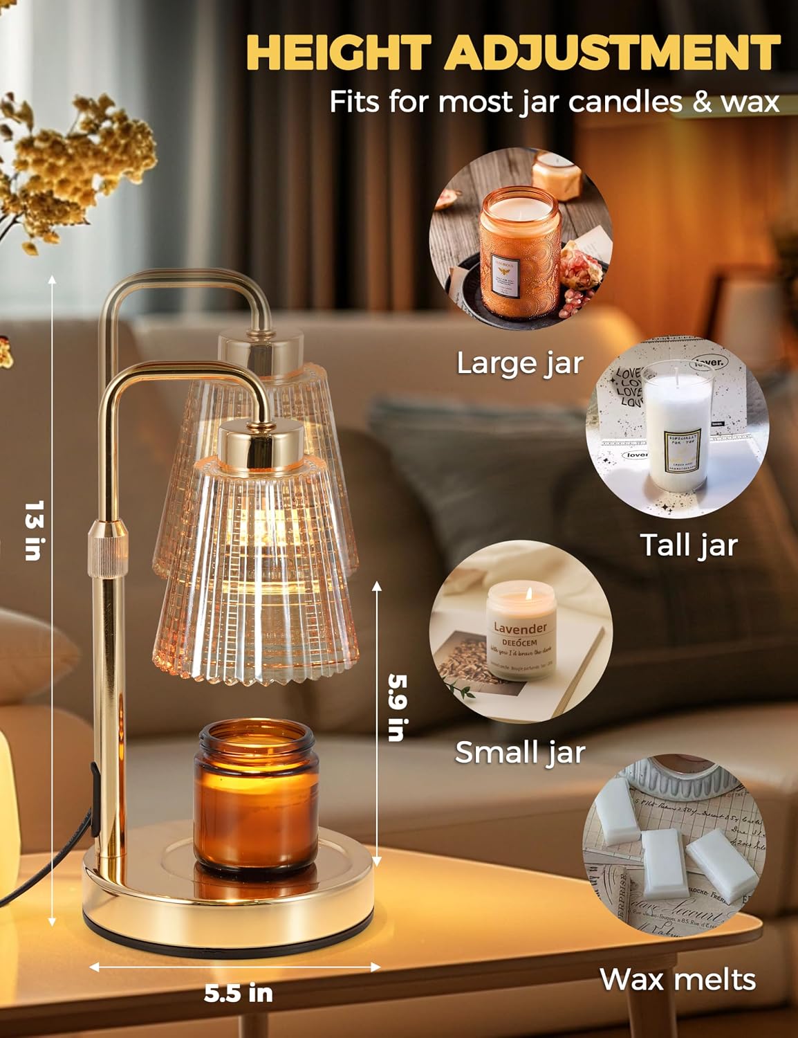 Gold Candle Warmer Lamp with 24h Cycle Timer, Dimmable Wax Melt Warmer