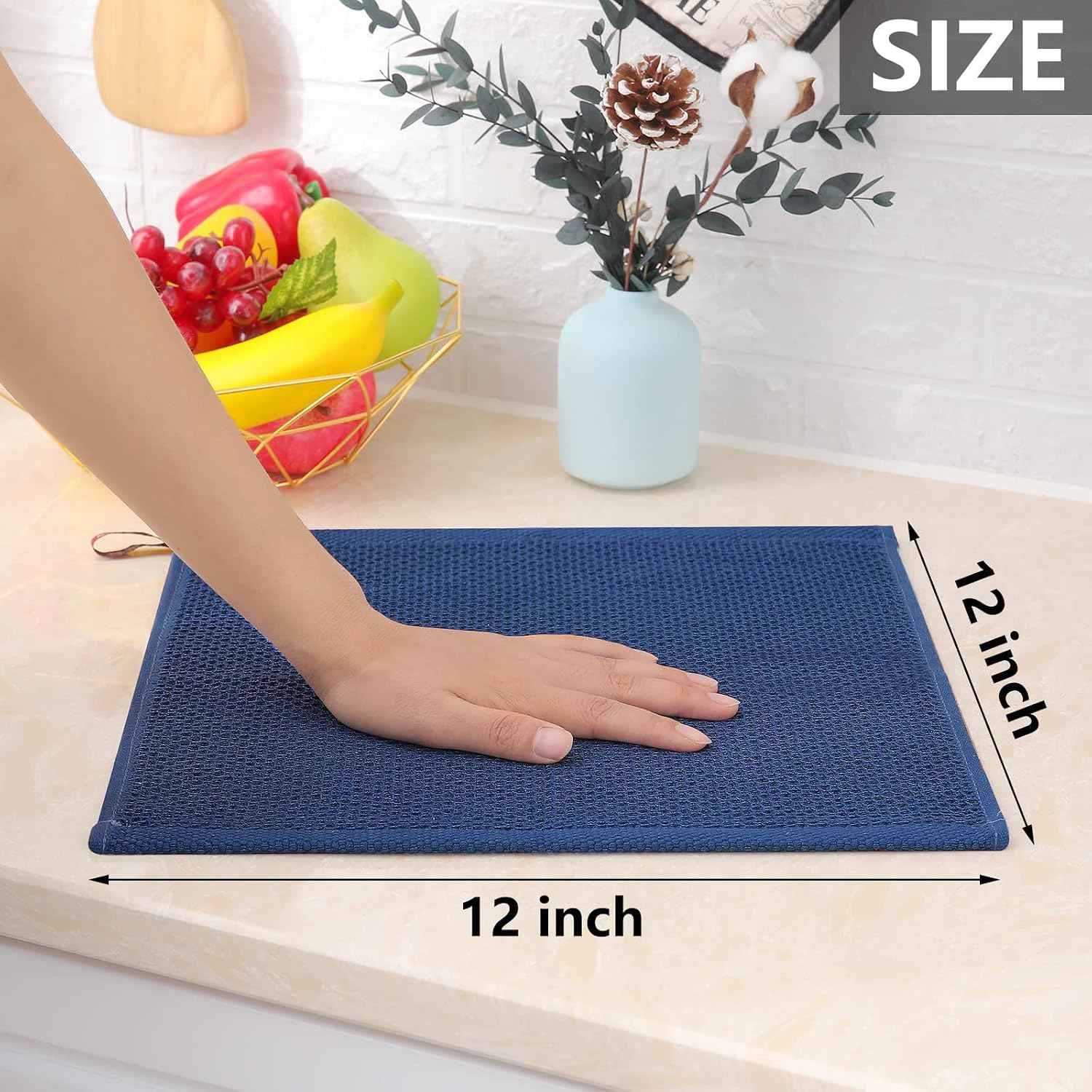 Homaxy 100% Cotton Waffle Weave Kitchen Dish Cloths 12-Pack, Navy Blue