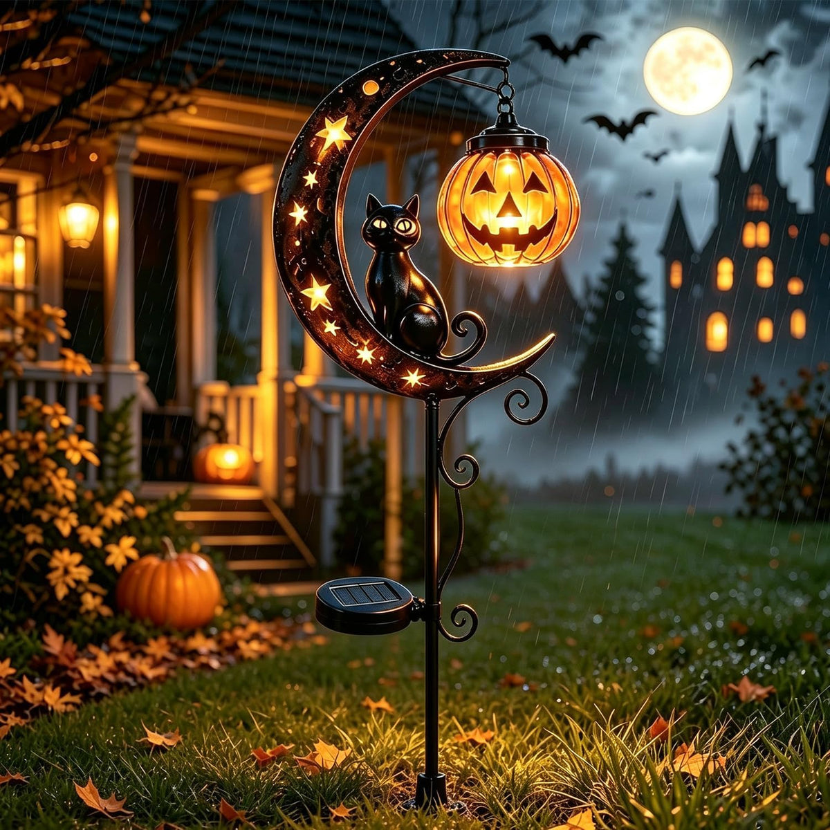Solar Halloween Black Cat & Pumpkin Moon Garden Stake Light, Outdoor Waterproof LED Yard Decoration with Crescent Moon (Single Light A)