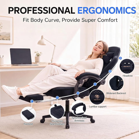 Desk Computer Gaming Chair - High Back Ergonomic Office Chair with Footrest and Lumbar Support, Swivel Comfy Home Gamer Video Game Chairs with Pocket Spring Cushion for Adults (Black Fabric)