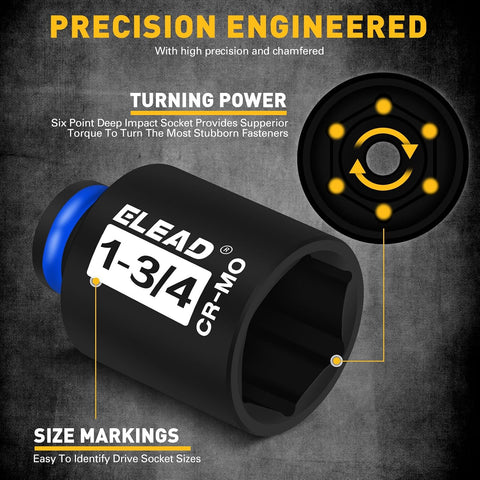 1/2'' Drive Deep Impact Socket Set, 8-Piece SAE Wheel Axle Nut Wrench Large Sockets Standard Adapter 1-11/16 1-9/16 1-3/8 1-7/16 1-1/2 1-5/8 1-3/4 Imperial Spindle Joint Torque Bearing Locknut Truck
