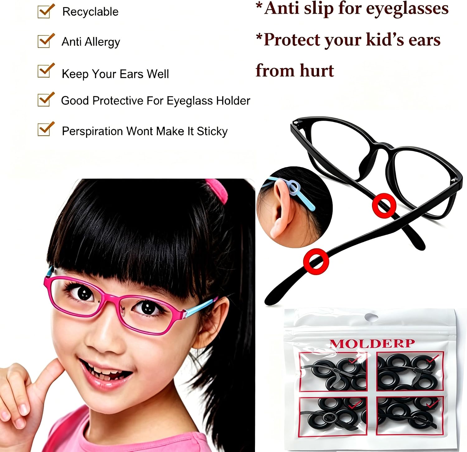 MOLDERP Glasses Ear Grip, Silicone Ear Hook & Ear Grippers, Anti-Slip Eyeglasses Temple Sleeve Retainer Holder, Accessories for Sports Glasses, Sunglasses, Reading Glasses, 12 Pairs (Black,Clear)