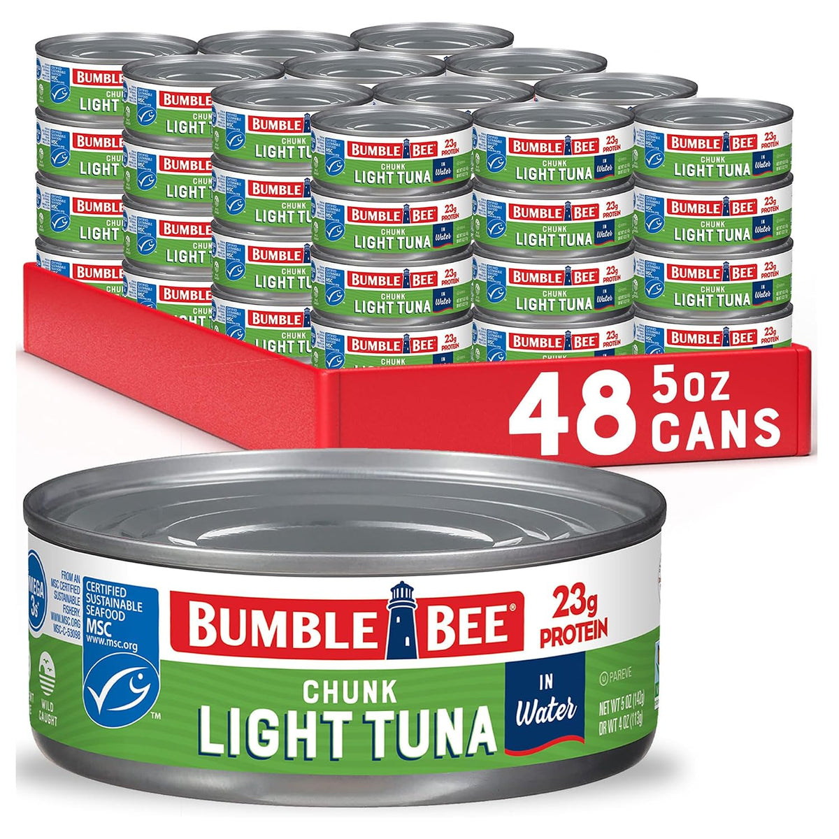 Bumble Bee Chunk Light Tuna in Water, 5 oz (Pack of 48) | Wild Caught Tuna, 23g Protein per Can, MSC Certified Sustainable Seafood, Non-GMO, Gluten Free, Kosher