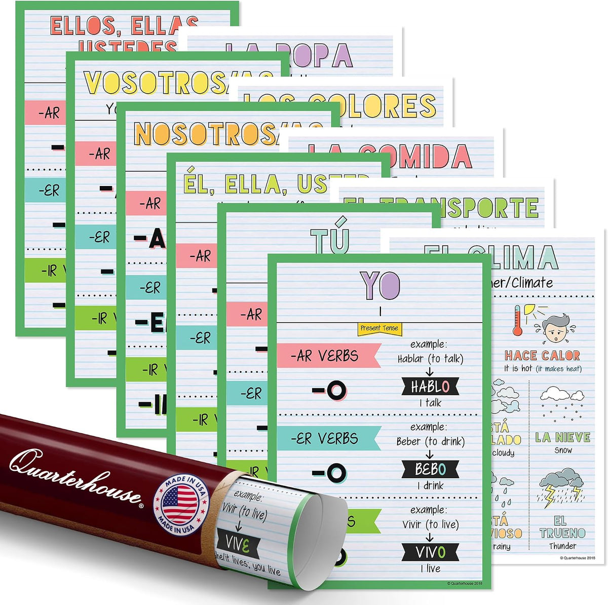 Quarterhouse 11 Poster Spanish Verbs and Vocabulary Part 1 Classroom Set