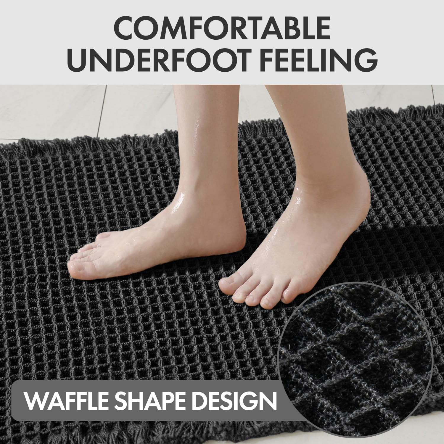 MIULEE Waffle Bathroom Runner Rugs Boho Large Bath Mat 2'x5'(24"x60") Black