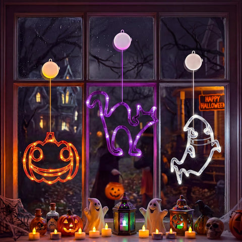 Minetom 3 Pack Halloween Windows Lights - Pumpkin, Ghost, Cat with Timer