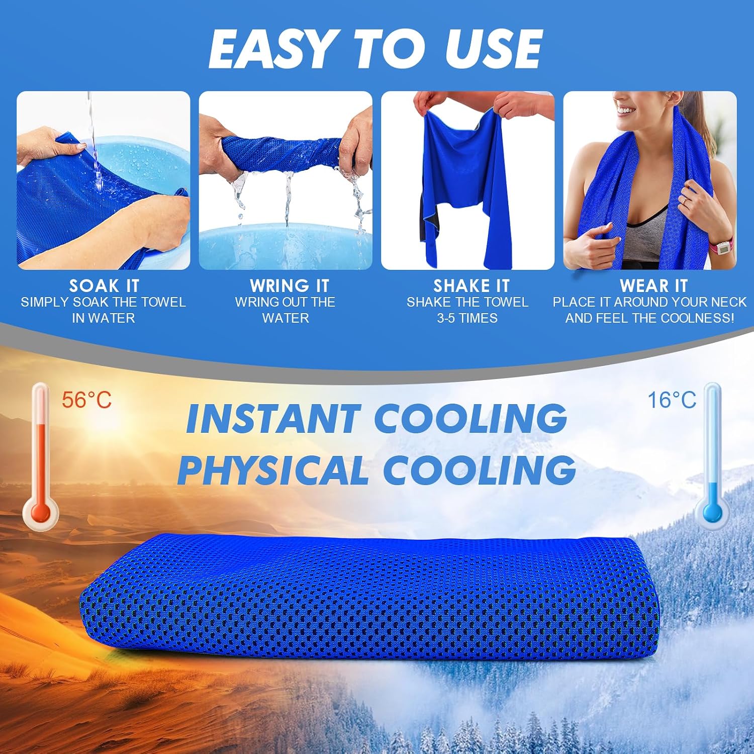 CSITE Cooling Towels for Neck and Face - 6 Pack 47x12 Inch Ice Cold Microfiber Towels, Soft & Breathable Cooling Towel for Hot Weather, Sports, Yoga, Workout, Running, Golf, Camping