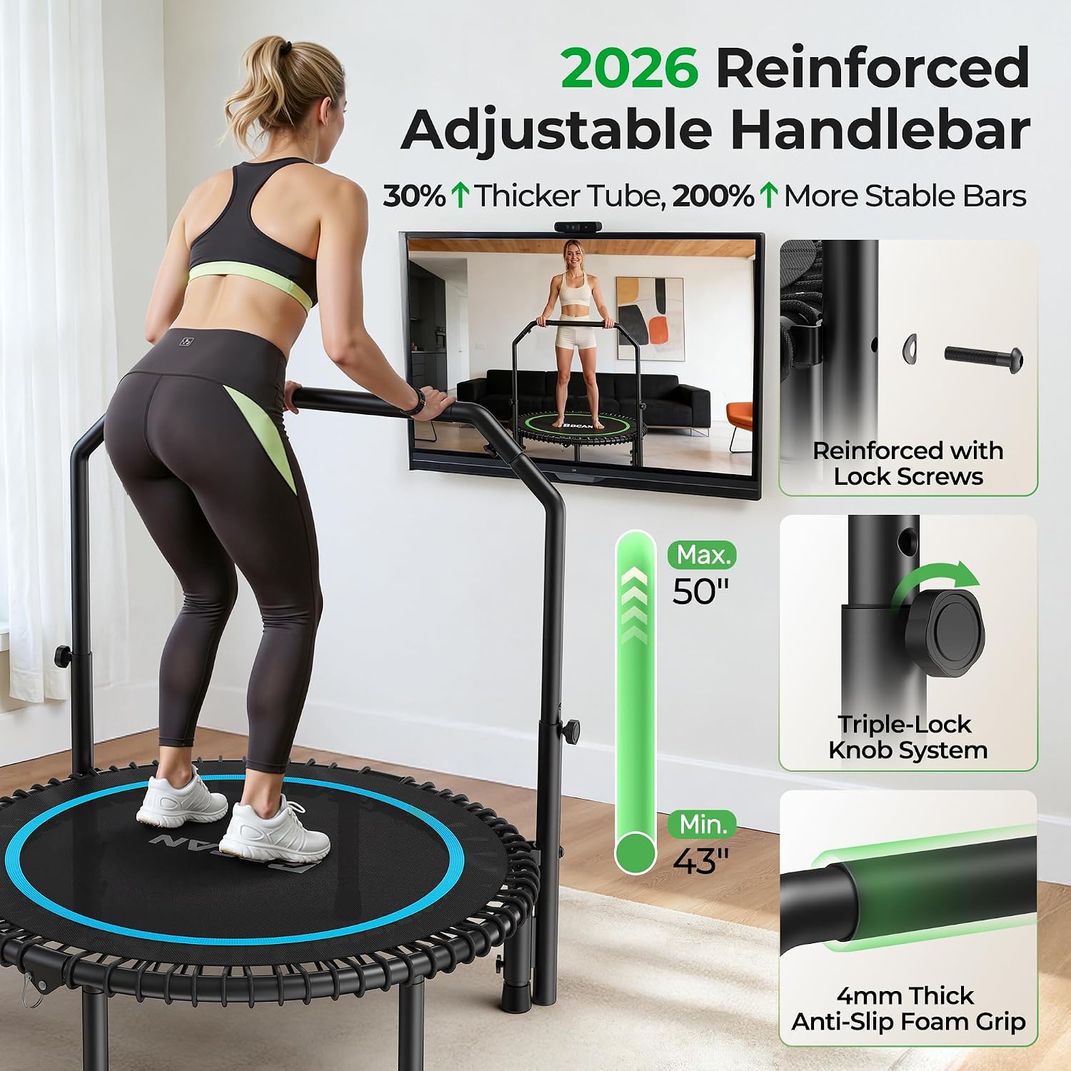 BCAN BT2 40/48" Rebounder Trampoline for Adults, Handle, Indoor, 450/550lbs