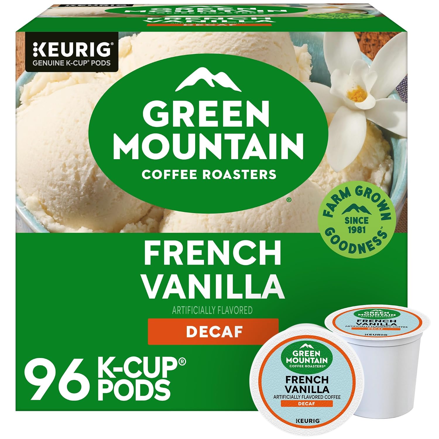 Green Mountain Coffee Roasters French Vanilla Decaf, Single-Serve Keurig K-Cup Pods, Flavored Light Roast Coffee Pods, 96 Count