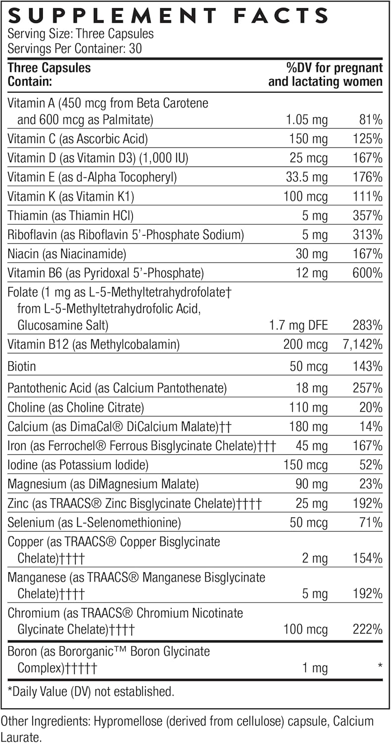 THORNE Basic Prenatal, Includes Active Folate, Choline & Iron, 90 Capsules
