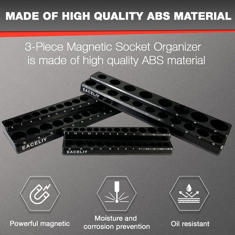 EACELIY Magnetic Socket Organizer Set,Metric Socket Holder Kit, Socket Trays，holds 75 Deep and Shallow 3/8" Sockets(sockets not included) 丨3Pcs 1/2", 1/4" and 3/8" （Black）