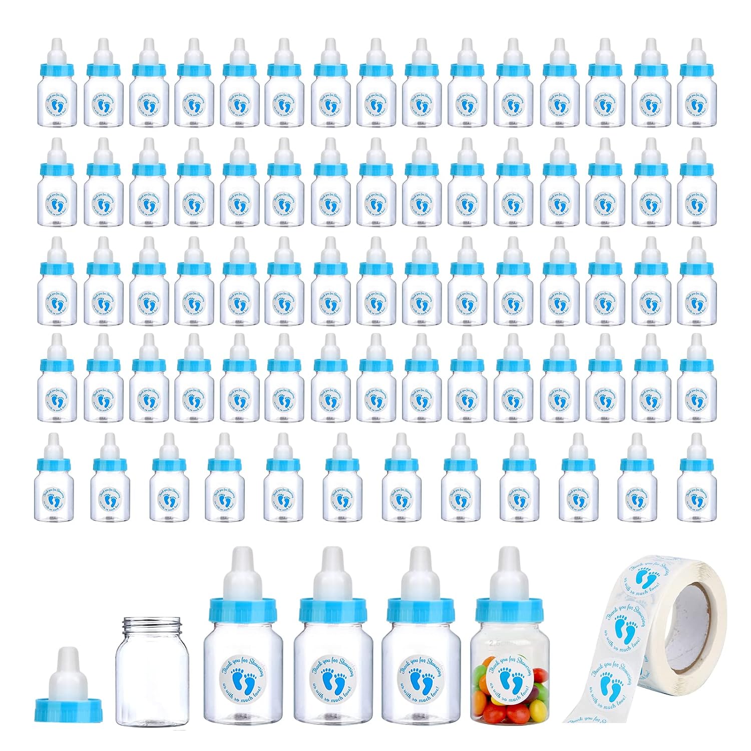 72 Pieces of Mini Baby Shower Milk Bottles Favors for Baby Shower White Plastic Mini Bottles Party Favors Boy Party Games Decorations (Blue)