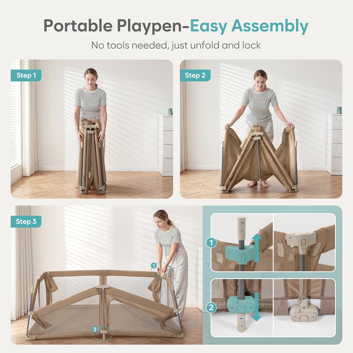 Baby Playpen Portable, Pre-Assembled Play Pen 71x79 Large Foldable Playpen for Babies and Toddlers, Sturdy and Safe Toddler Play Yard Indoor Outdoor with Carry Bag, Dark Khaki