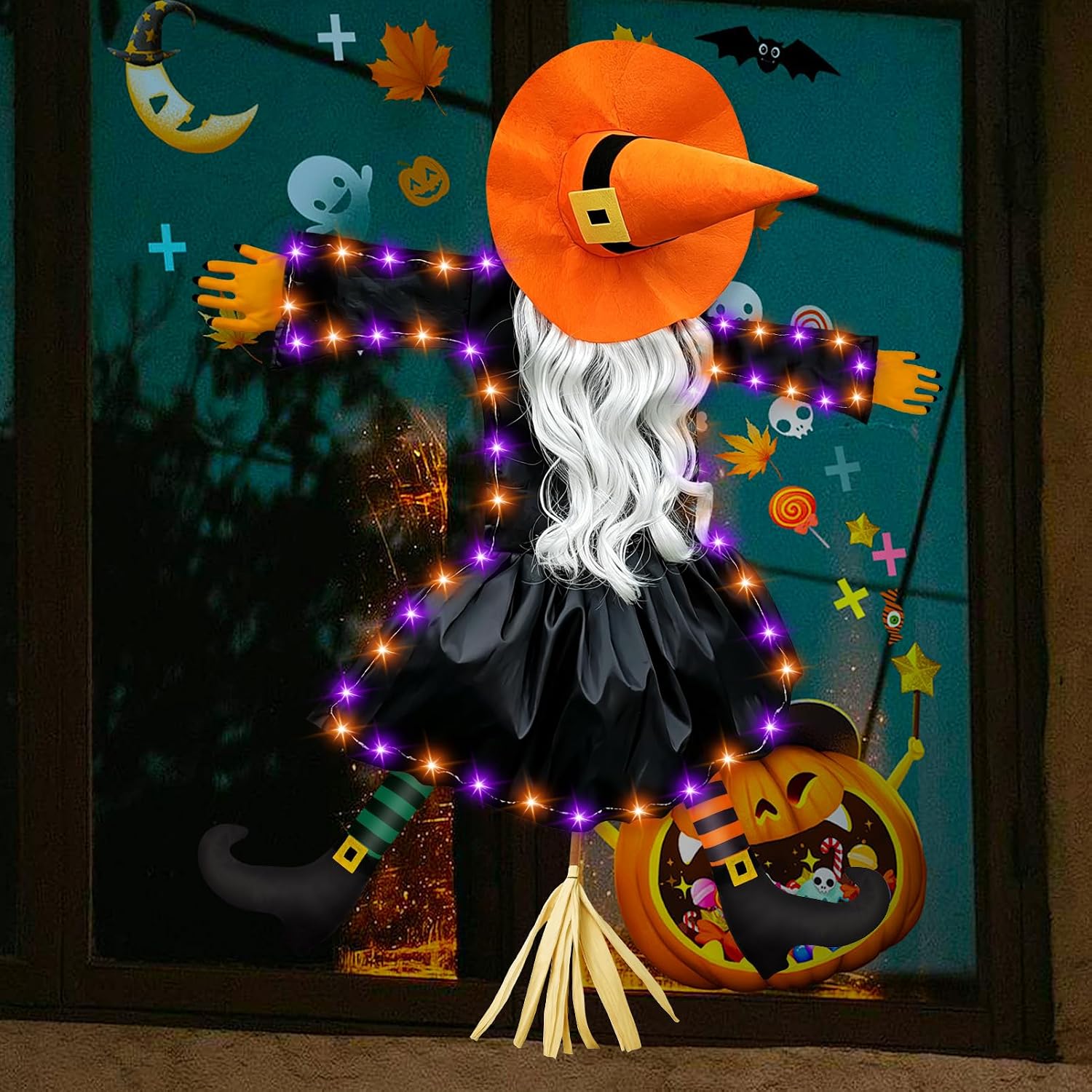 Halloween Decorations Outdoor, Solar Witch, Orange-Silver Hair