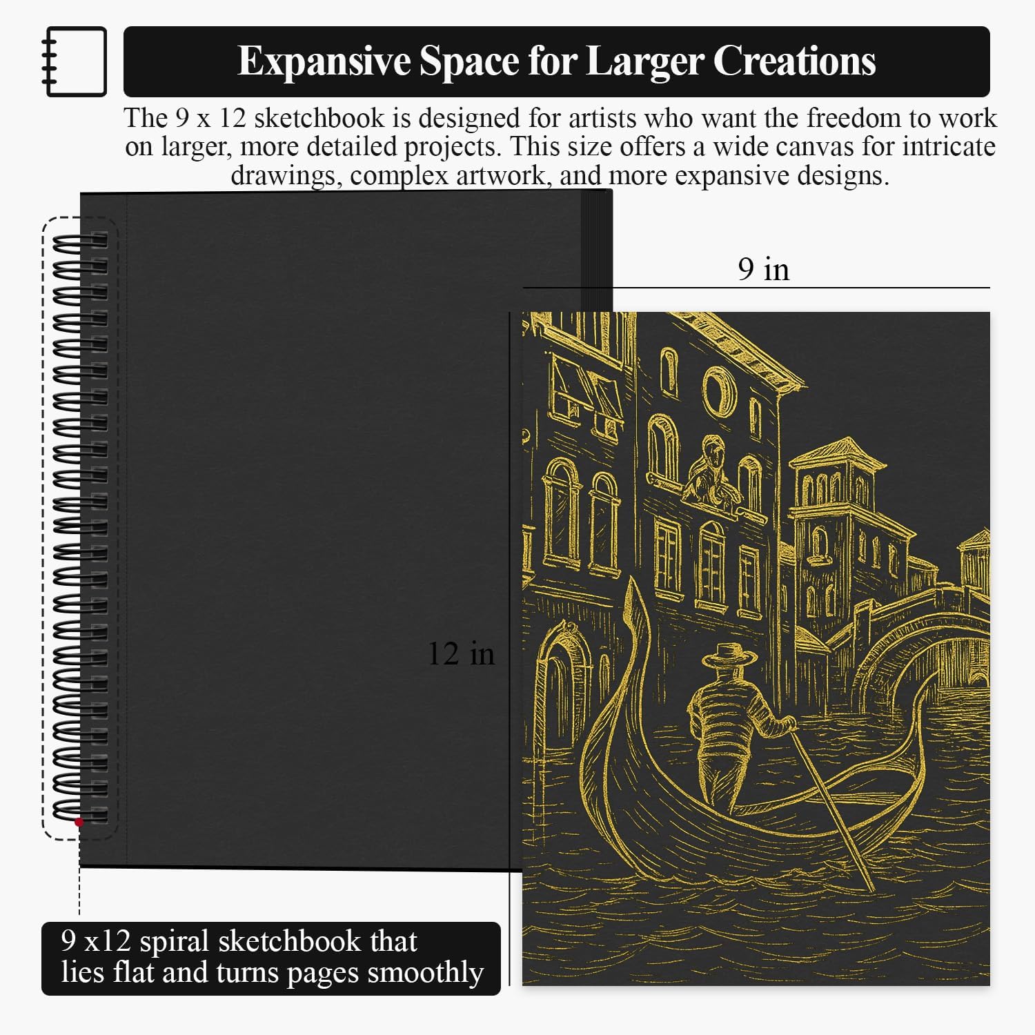 SuFly Black Paper Notebook, 60 Sheets Spiral Bound Sketch Book 9x12, 90lb/150gsm Black Art Paper for Drawing and Painting.