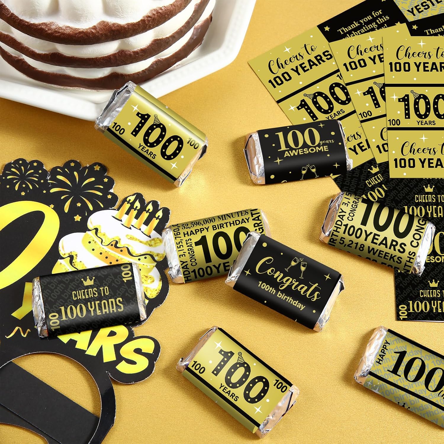 Tenare 90 Pcs 100th Birthday Candy Wrappers, Black and Gold Stickers
