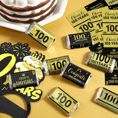 Tenare 90 Pcs 100th Birthday Candy Wrappers, Black and Gold Stickers