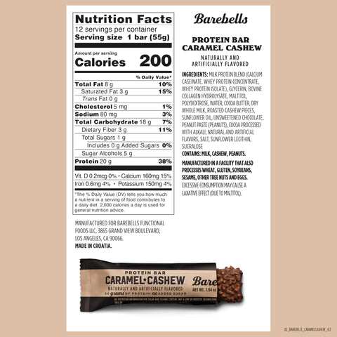 Barebells Protein Bars Caramel Cashew - 12 Count, 1.9oz Bars with 20g of High Protein - Chocolate Protein Bar with 1g of Total Sugars - Perfect on The Go Protein Snack & Breakfast Bar