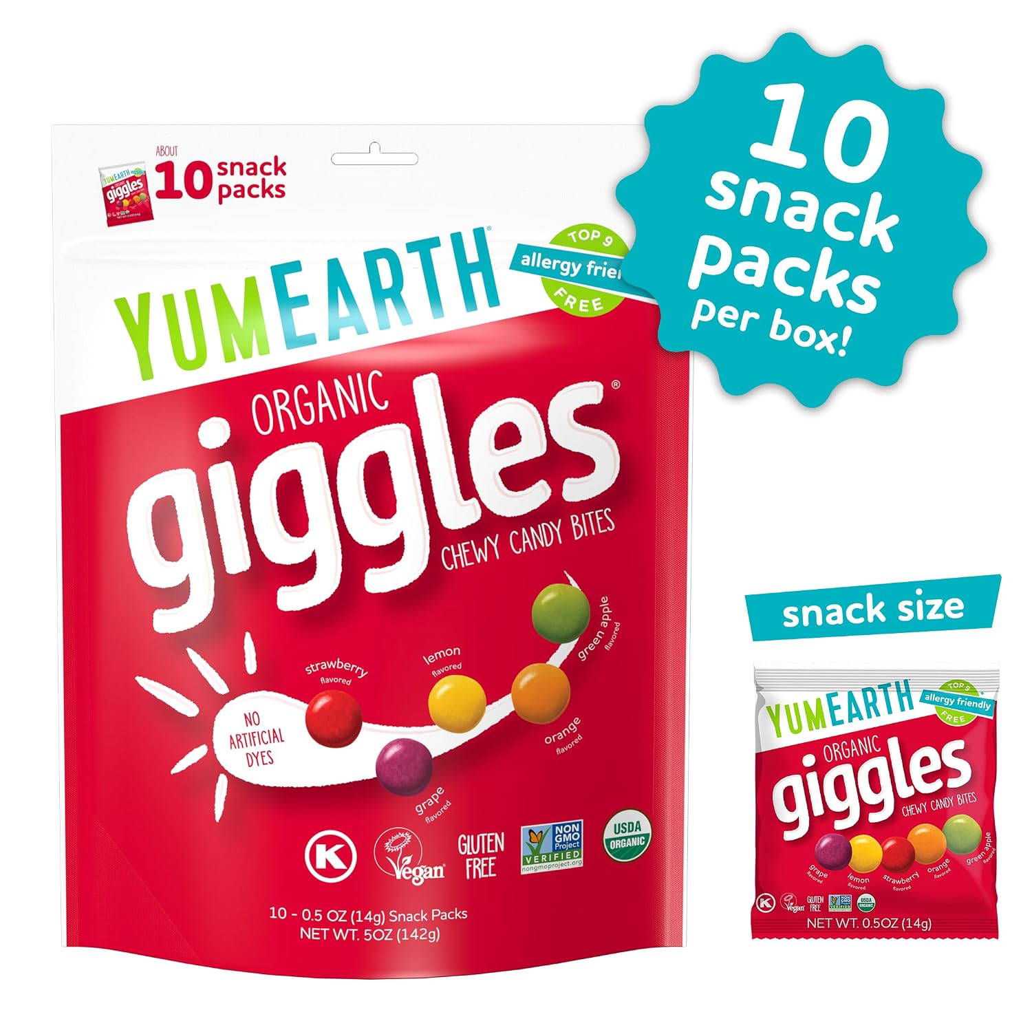 YumEarth Organic Giggles Chewy Candy - Allergy Friendly (Top 9 Free), No Artificial Dyes, Non GMO, Gluten Free, Vegan - Individually Wrapped Fruity Snack Packs - 0.5 Ounce (Pack of 10)