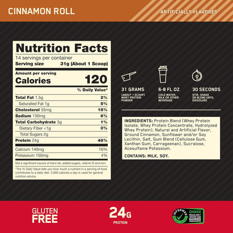 Optimum Nutrition Gold Standard Whey Protein Powder, Cinnamon Roll, 1 LB