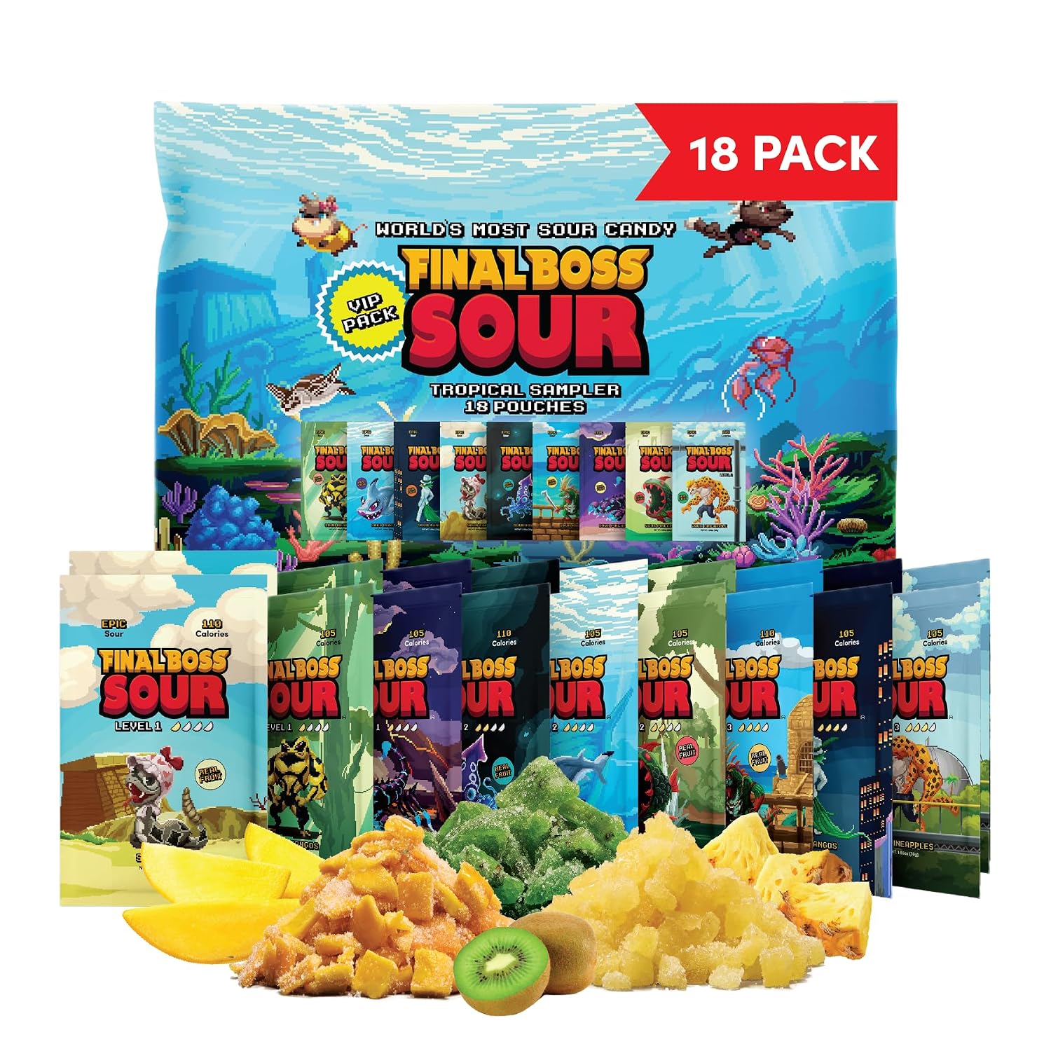 Final Boss Sour Fruit Candy, Tropical Sampler, All Levels, 18 Pack