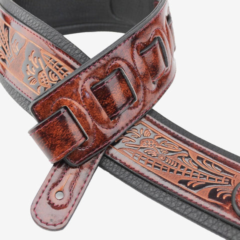 Walker & Williams GB-101 Bourbon Brown Handmade Padded Leather Strap Classic Live Oak Pattern For Acoustic, Electric, And Bass Guitars