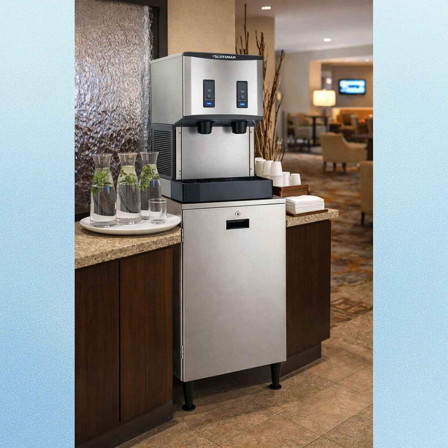 Scotsman Meridian Push-Button Countertop Nugget Ice Maker & Water Dispenser - 500 lb/Day, 40 lb Storage Bin, Stand w/Door
