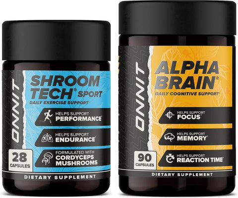 ONNIT Alpha Brain 90ct + Shroom Tech Sport 28ct Bundle, Focus & Energy
