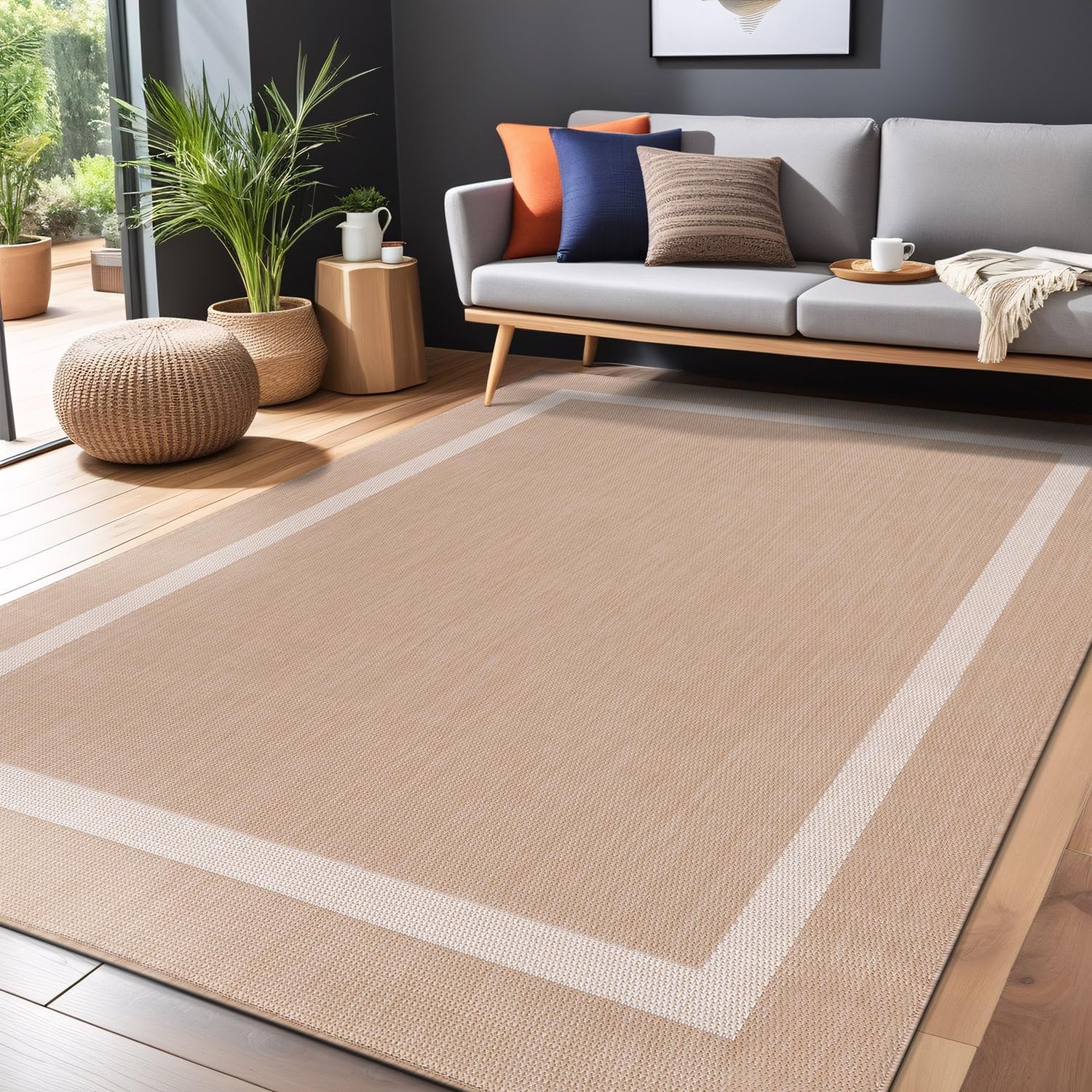 Luul Home Bordered Outdoor Rug 5x7 Washable Outside Carpet for Indoor Patio Porch Waterproof Easy Cleaning Non Shedding Area Rugs Beige 5 x 7