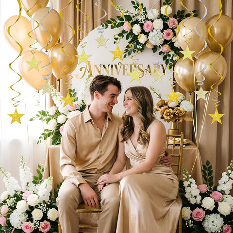 BEISHIDA Gold Glitter Stars Hanging Swirls Pre-Strung Hanging Ornament Decorations for Wedding Anniversary Retirement Graduation New Year Birthday Party Decorations,Pack of 15