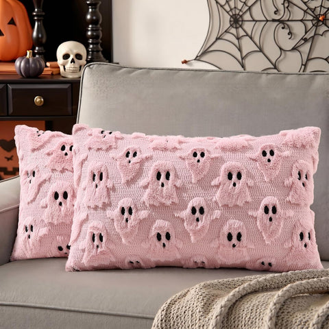 decorUhome Fall Halloween Ghost Throw Pillow Covers 12x20 Set of 2 Pink