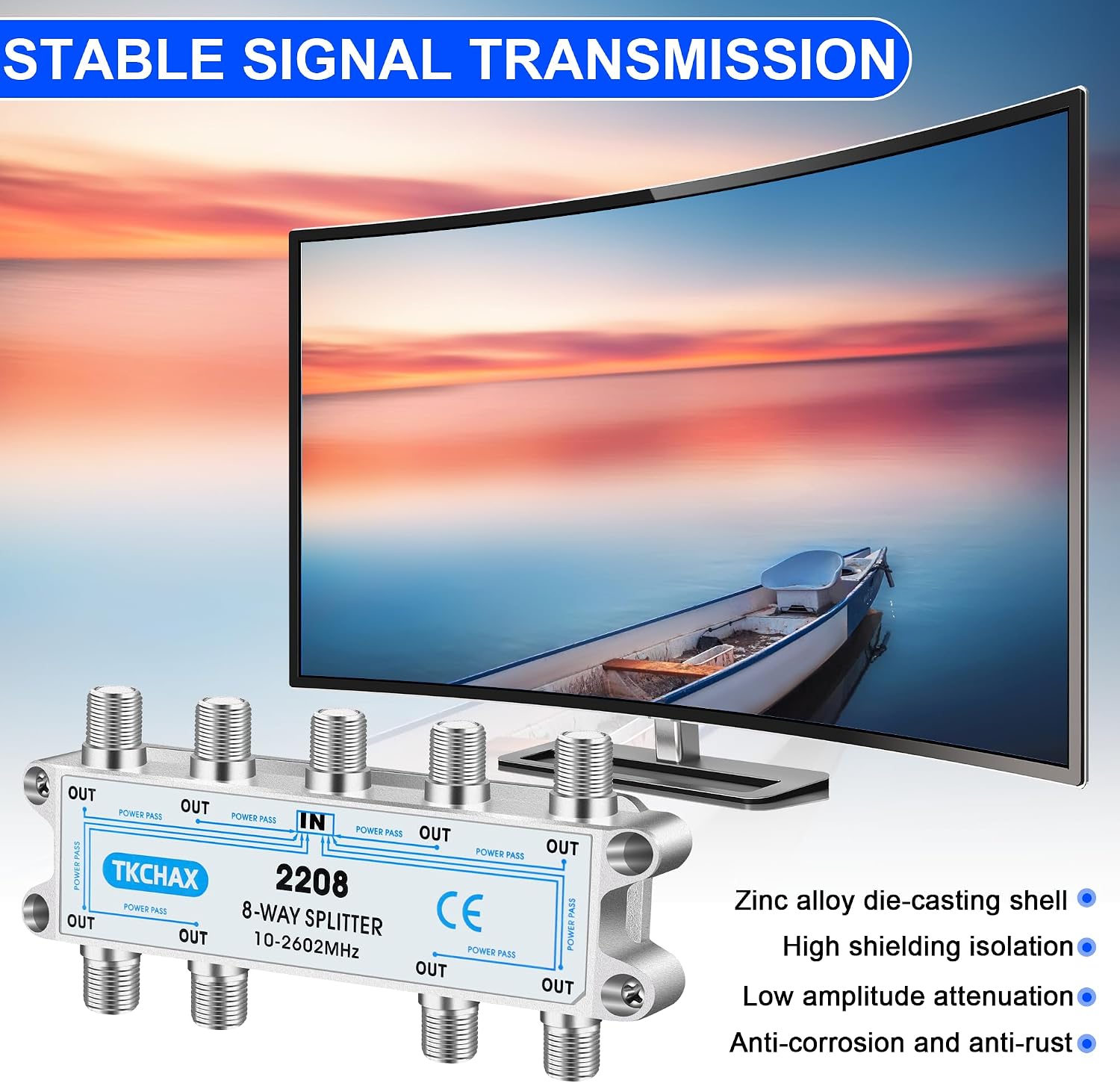 8 Way Coaxial Cable Splitter,Support 10-2602MHz, RG6 Compatible, Nickel-Plated for Cable Splitter,Work with CATV, Satellite TV,Antenna System and MoCA Configurations