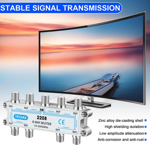 8 Way Coaxial Cable Splitter,Support 10-2602MHz, RG6 Compatible, Nickel-Plated for Cable Splitter,Work with CATV, Satellite TV,Antenna System and MoCA Configurations