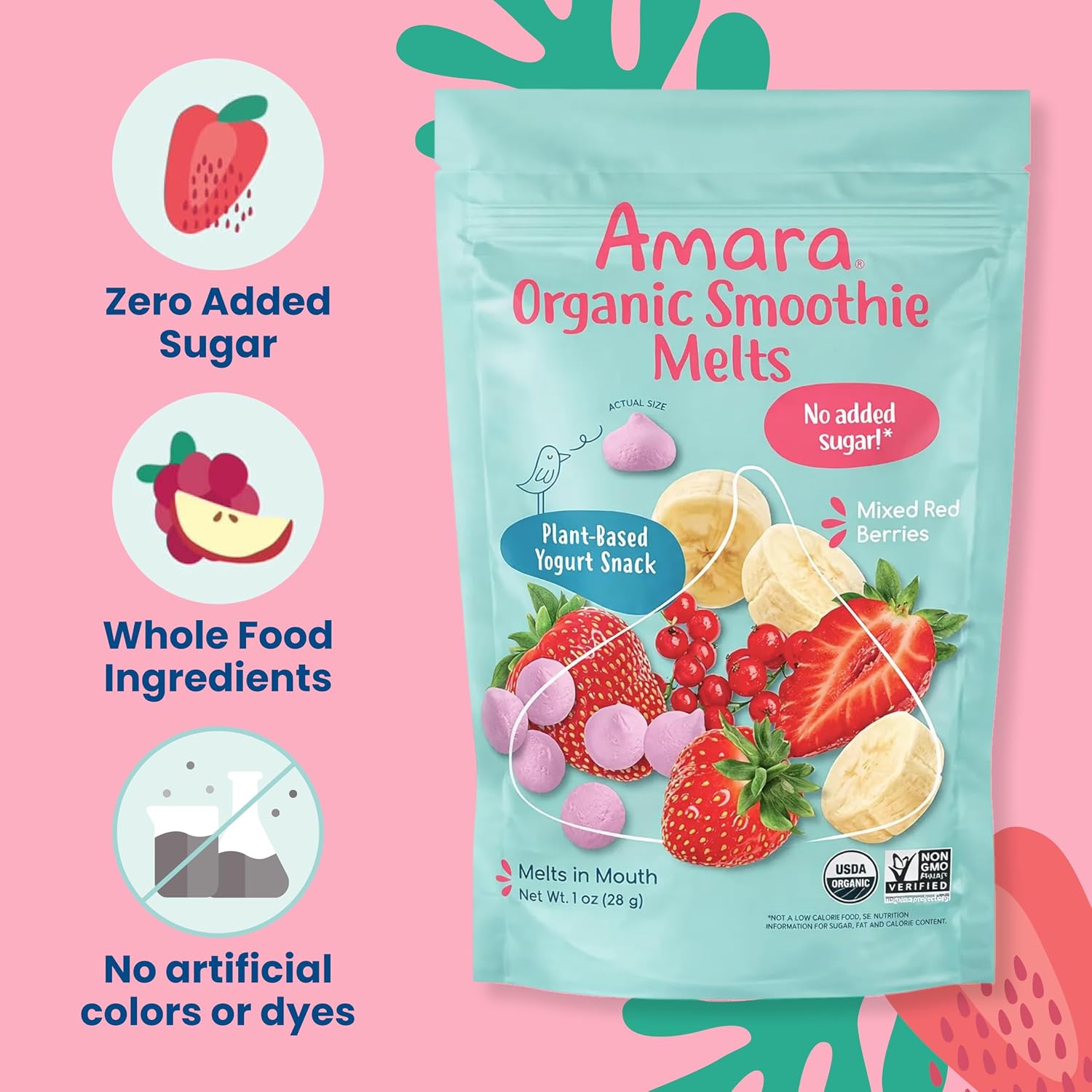 Amara Smoothie Melts - Mixed Red Berries - Baby Snacks Made With Fruits and Vegetables - Healthy Toddler Snacks For Your Kids Lunch Box - Organic Plant Based Yogurt Melts - 6 Resealable Bags